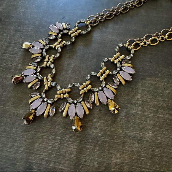 J. Crew Flower Statement Necklace Brass Tone with Clear, Gold and Pink Stones - Picture 3 of 7